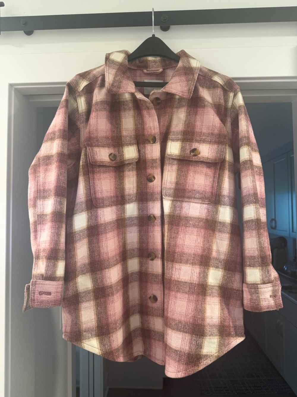 Old Navy Pink Brown Plaid Shacket Women’s Large